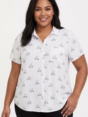 Torrid 2X Purple Button Up Shirt Blouse Tiny Blue Bicycle Bike Print Plus Size
